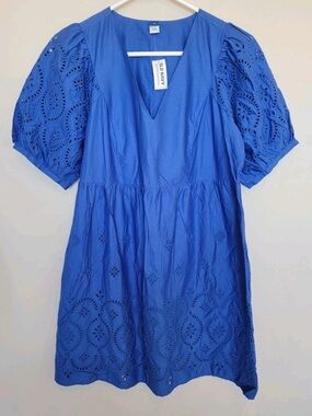 Old Navy Cobalt Blue Eyelet V-Neck Puff Sleeve Mini Dress